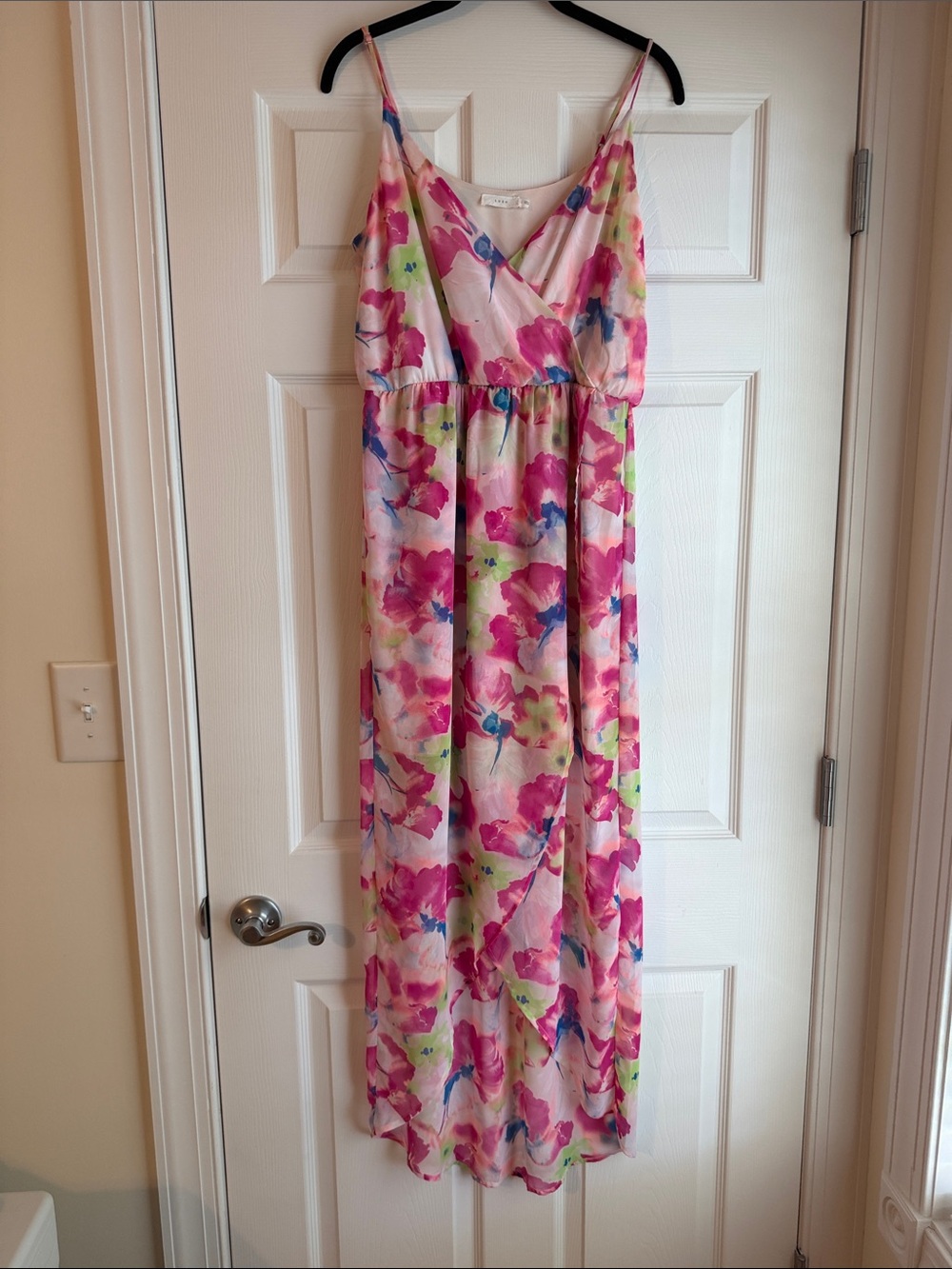 Lush Pink Floral Watercolor V-Neck High Low Maxi Dress